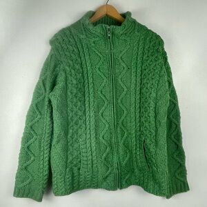 Aran Crafts Sweater Cable Knit Merino Wool Medium Green Ireland Full Zip